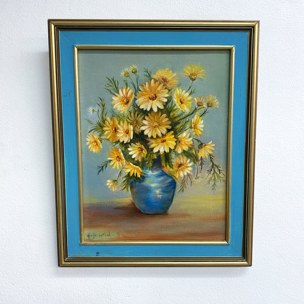 Vintage Painting Daisies In Blue Vase Signed By Artist
