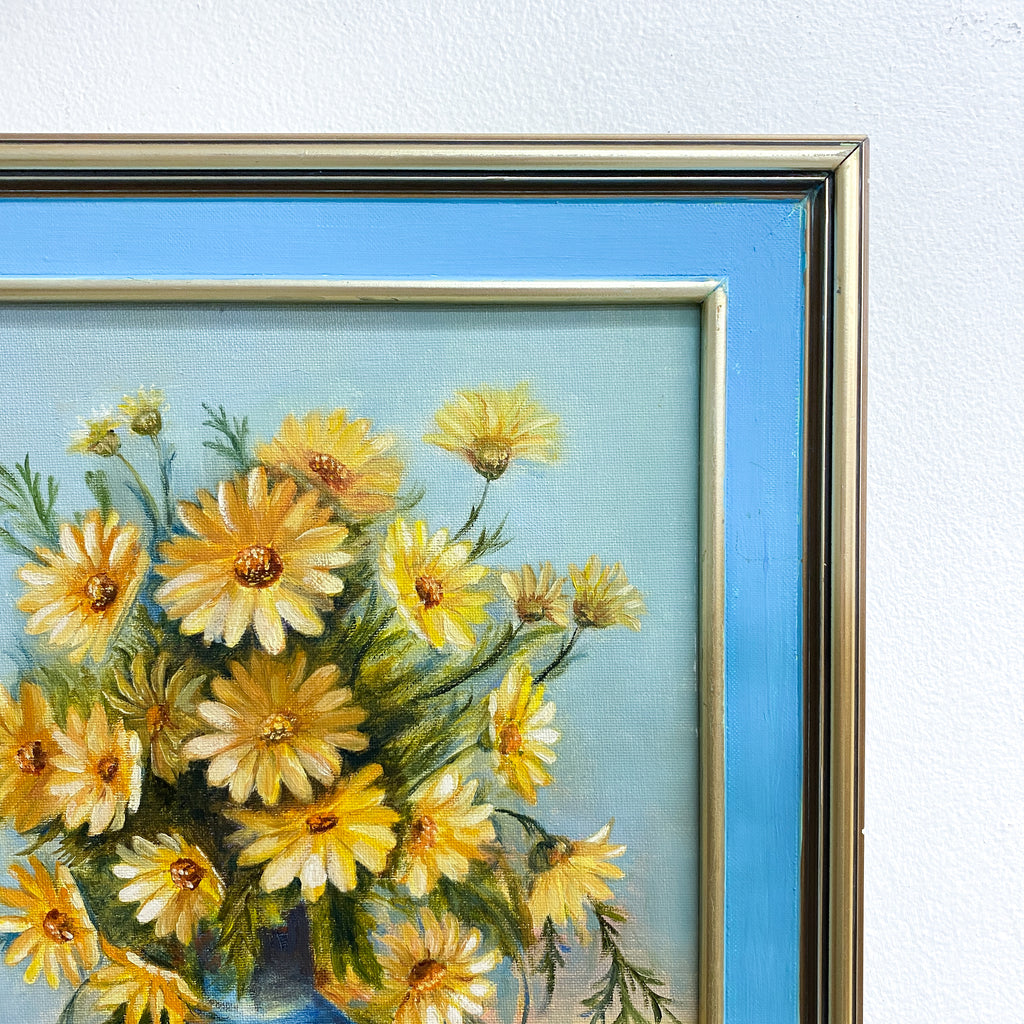 Vintage Painting Daisies In Blue Vase Signed By Artist
