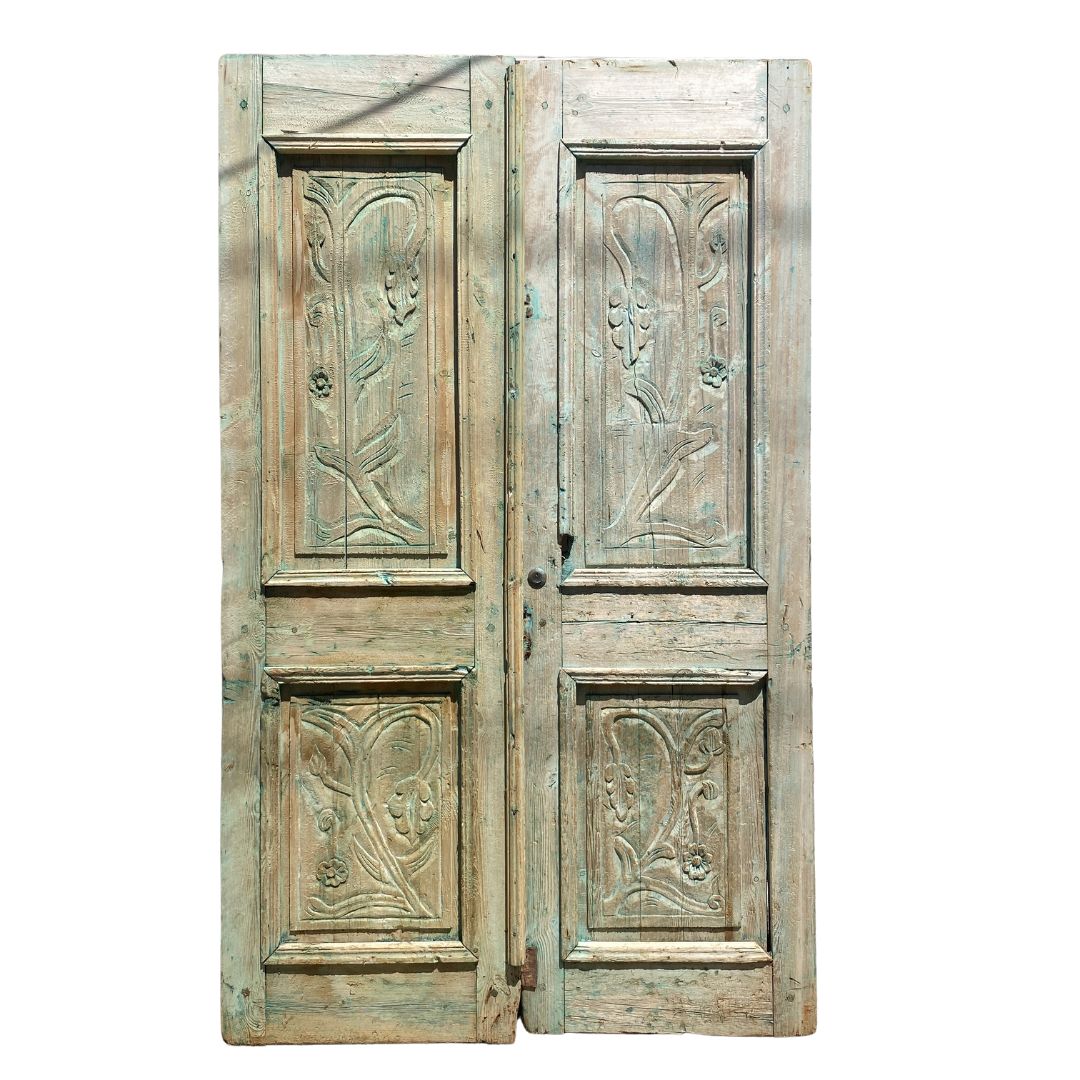 Vintage Pair Of Carved Baltic Pine Egyptian French Doors
