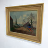 Framed painting of a rural landscape with a cart and trees on a white background