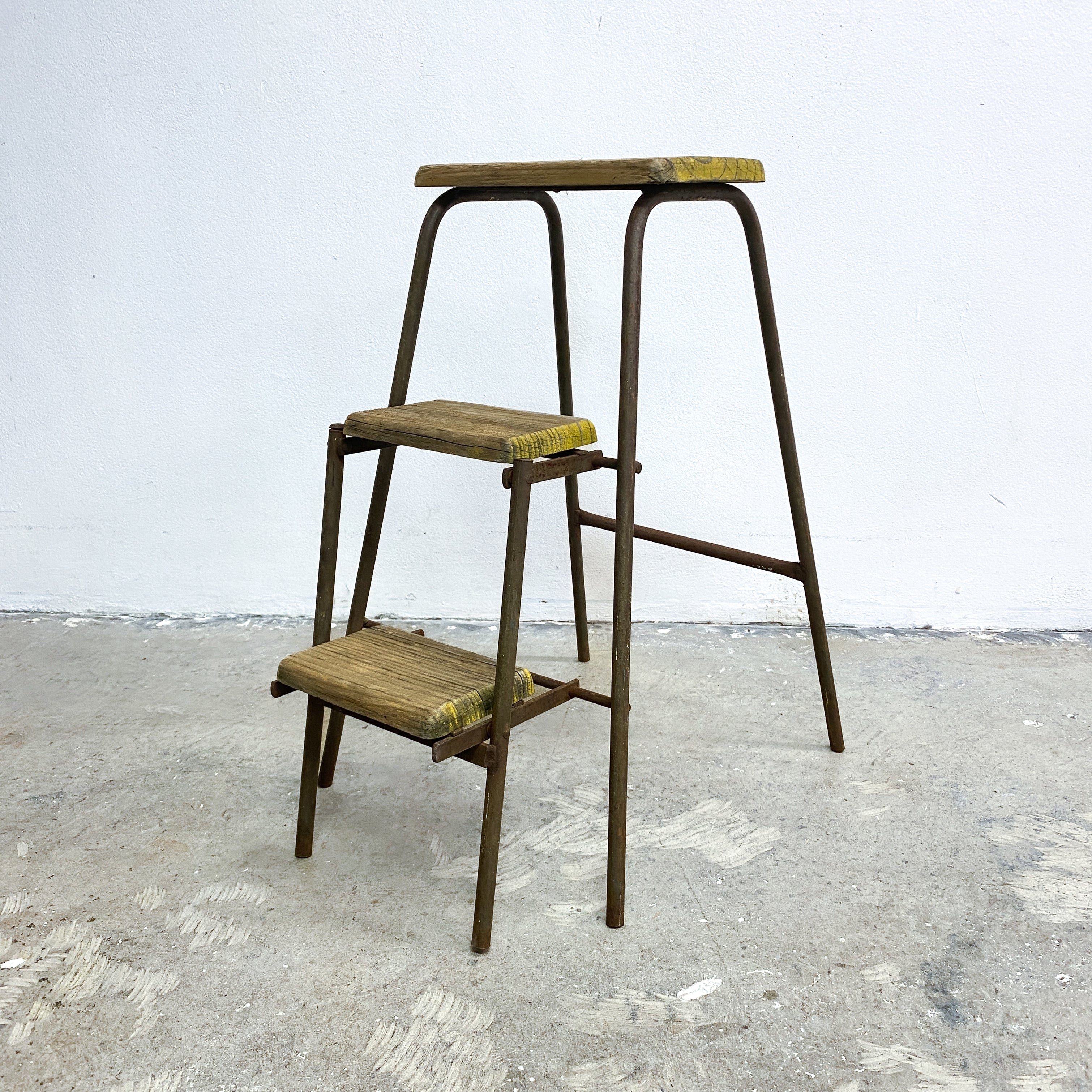 Vintage Rustic Folding Wood Step Stool with Steel Frame– The Design Ark