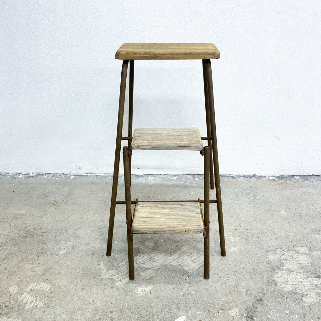 Vintage Rustic Folding Wood Step Stool with Steel Frame