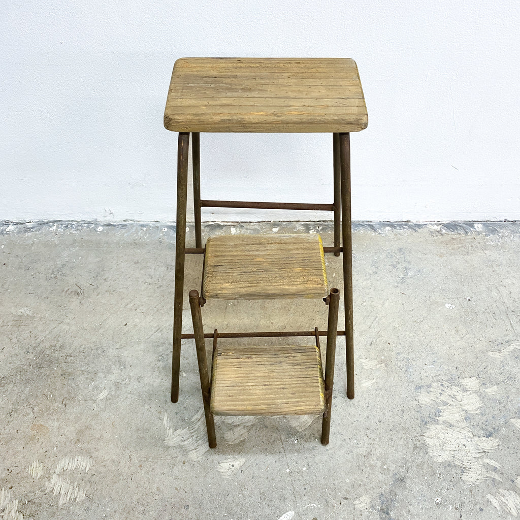 Vintage Rustic Folding Wood Step Stool with Steel Frame