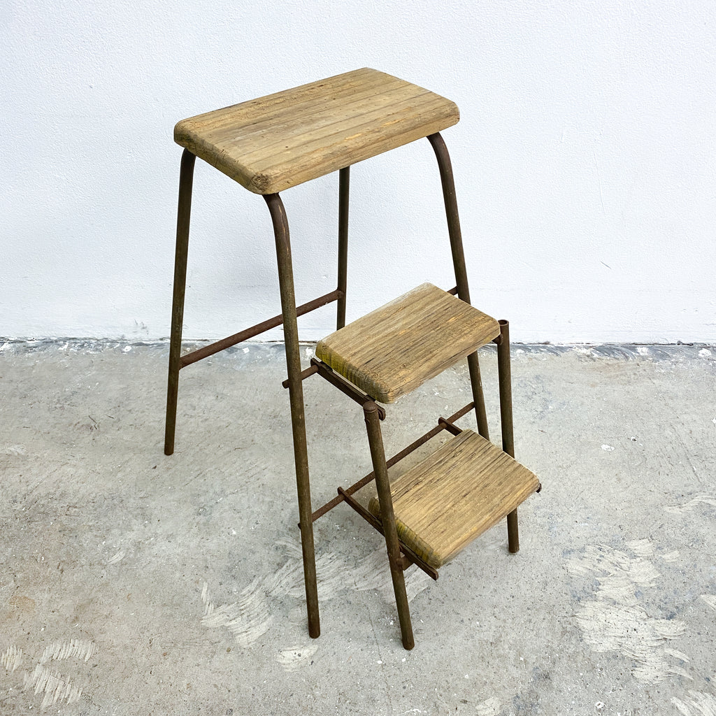 Vintage Rustic Folding Wood Step Stool with Steel Frame