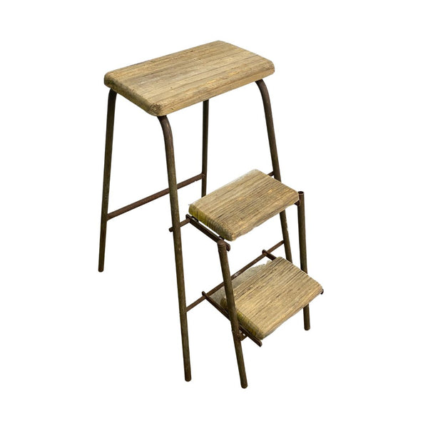 Vintage Rustic Folding Wood Step Stool with Steel Frame