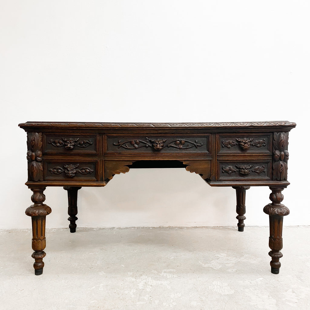 Vintage Solid Oak Carved Desk