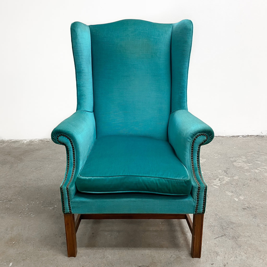 Vintage Turquoise Velvet Wingback Armchair