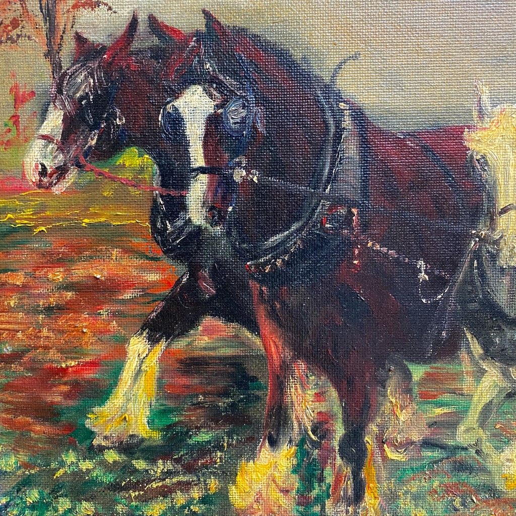 Vintage Oil Painting Of Rural Scene With Horses 
