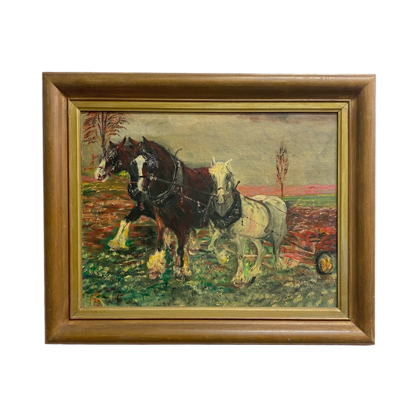 Vintage Oil Painting Of Rural Scene With Horses 