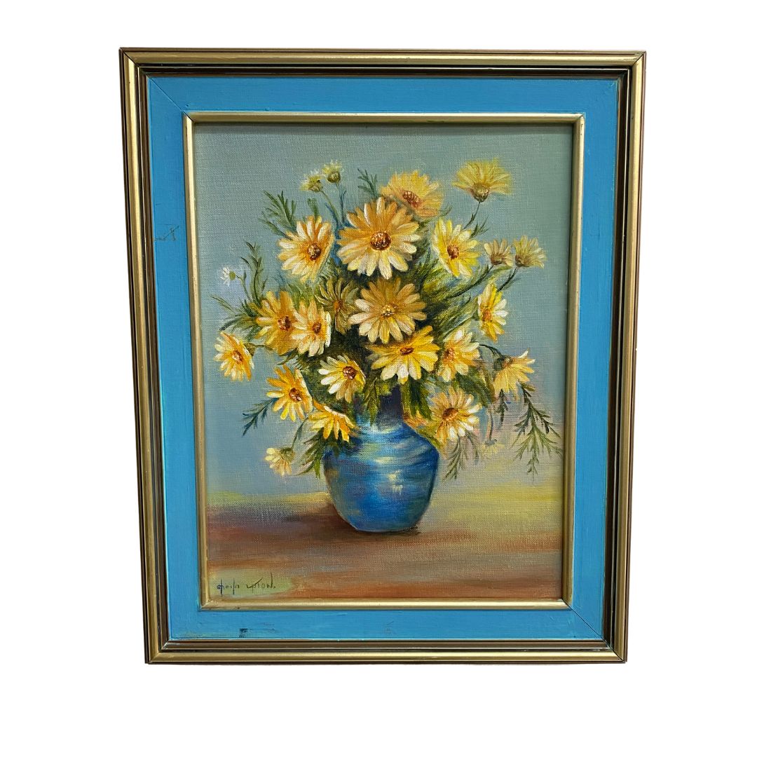 Vintage Painting Daisies In Blue Vase Signed By Artist– The Design Ark