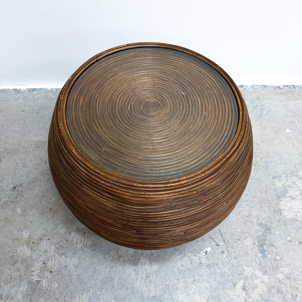Vintage Pencil Reed Drum Style Side Table With Glass Top