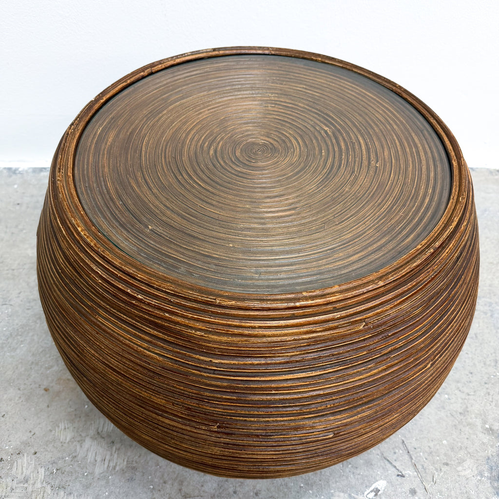 Vintage Pencil Reed Drum Style Side Table With Glass Top