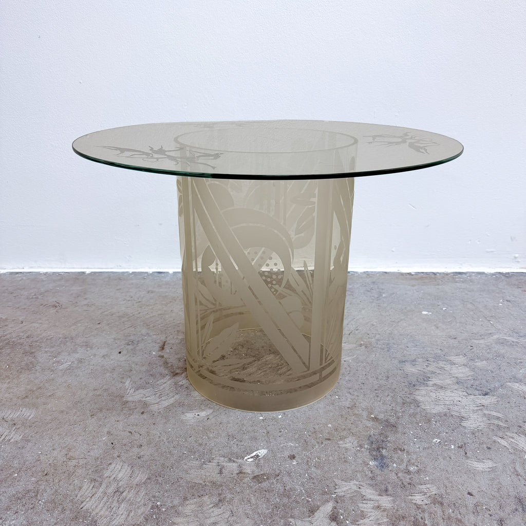 Vintage Round Glass Side Table With Etching Details