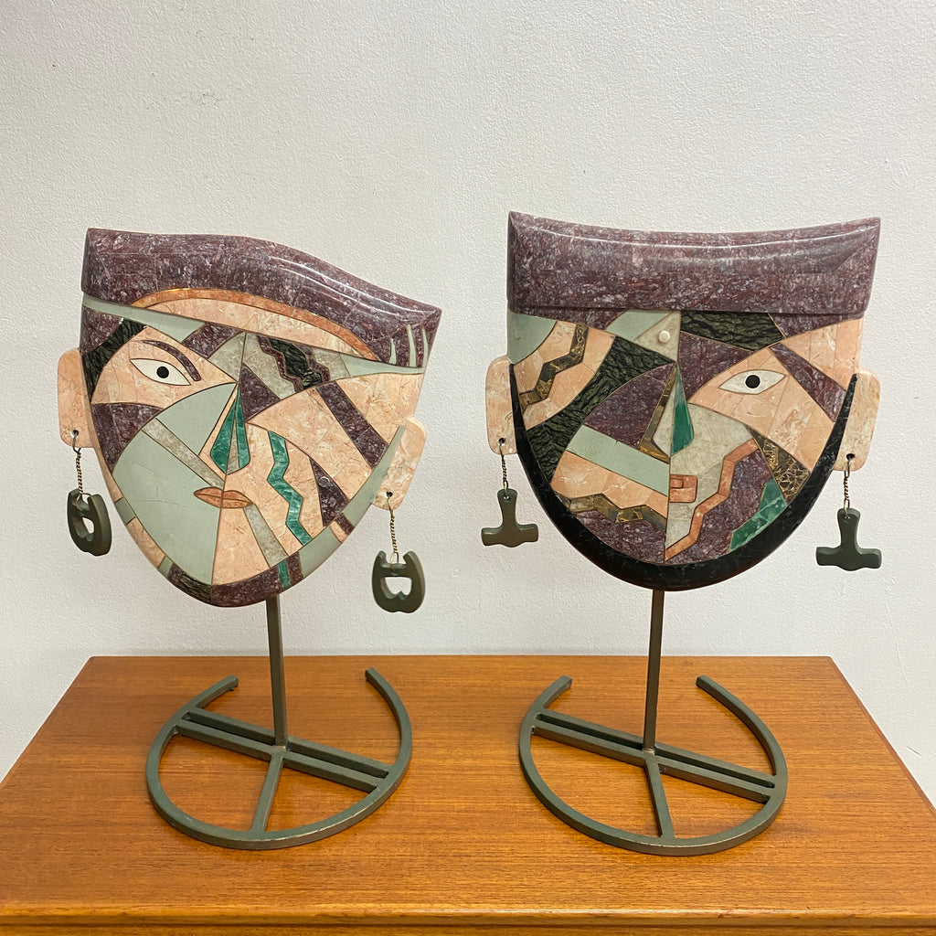 Pair Late 20th Century Tessellated Stone Sculptural Face Mask - Attrib. Joseph De Castro
