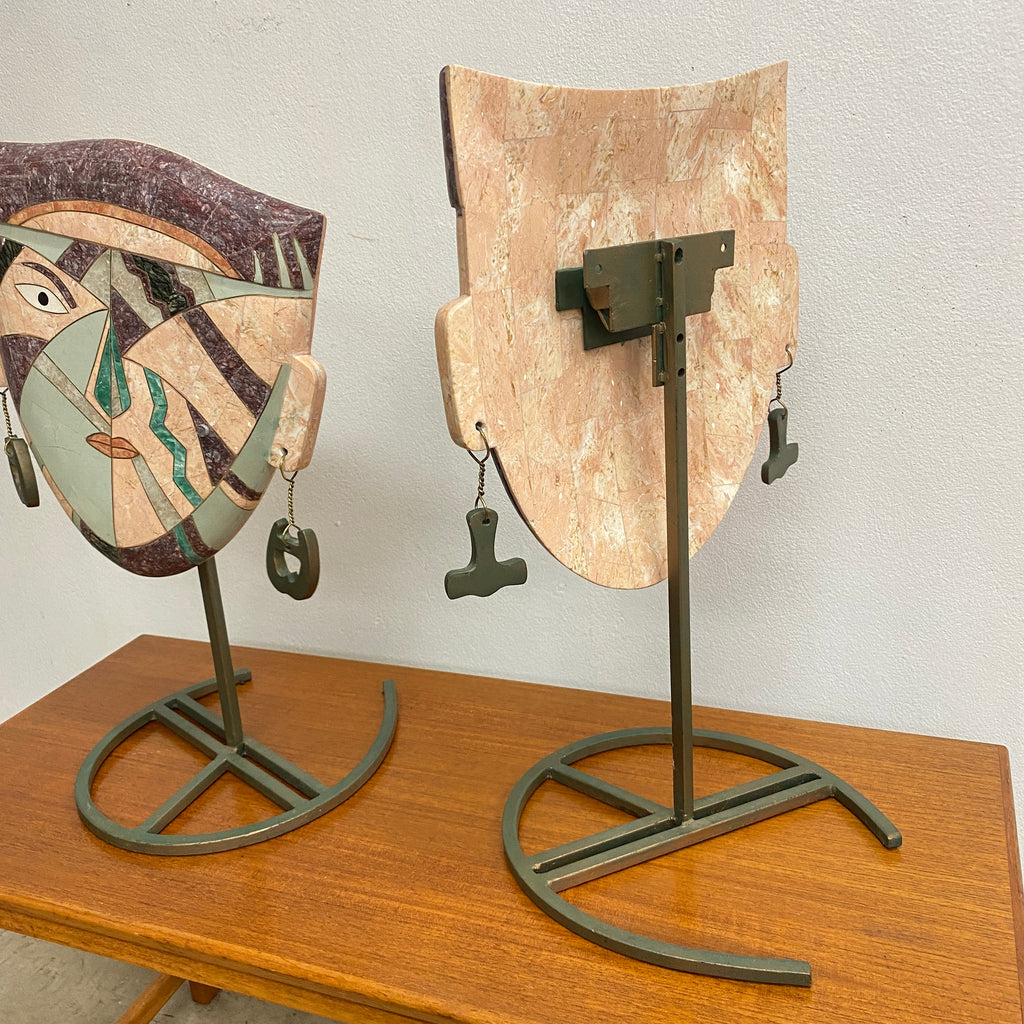 Pair Late 20th Century Tessellated Stone Sculptural Face Mask - Attrib. Joseph De Castro