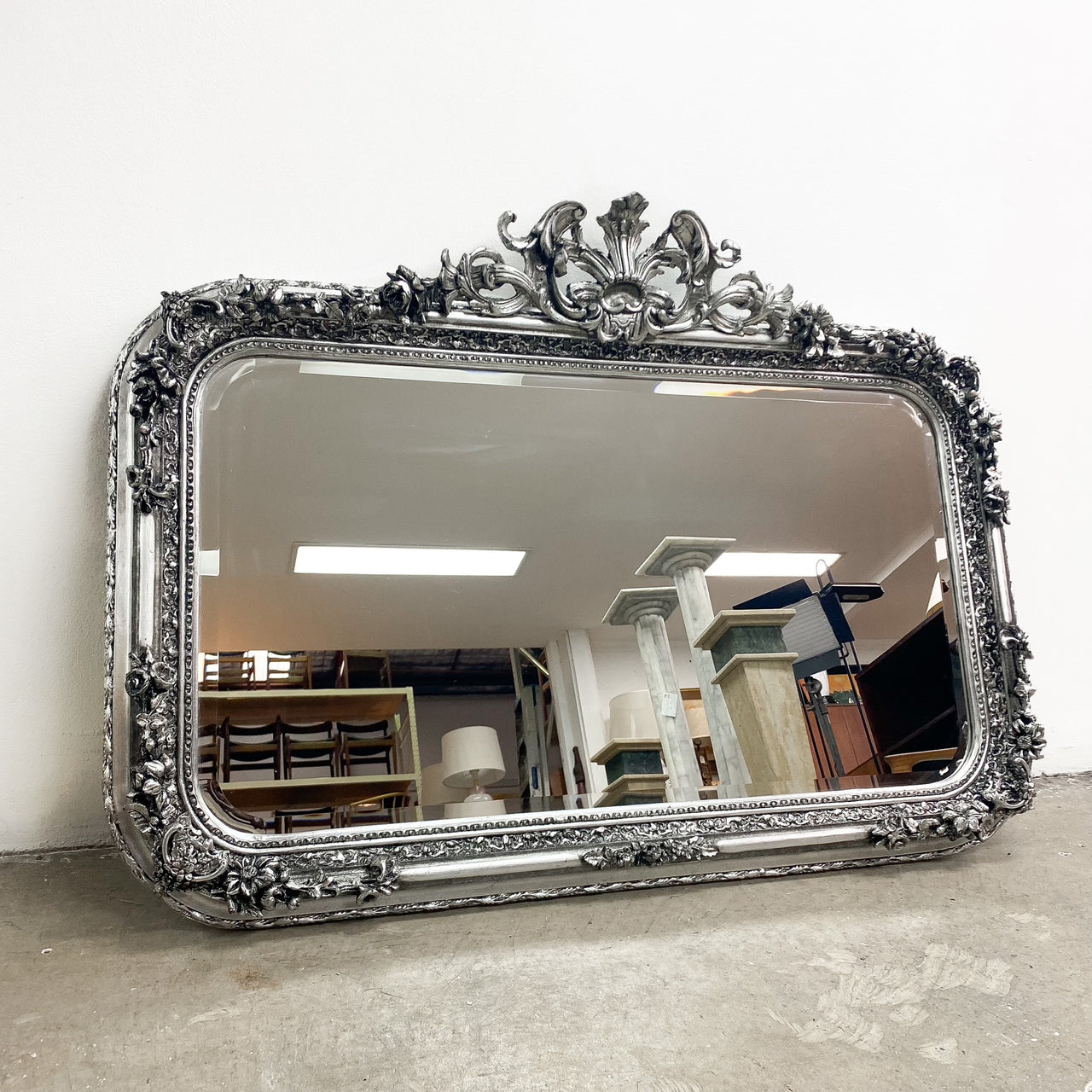 Large Decorative Silver Edge Mirror With Bevelled Edge