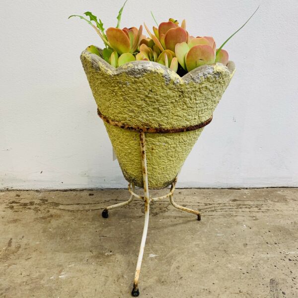 1950s Retro Concrete Planter With Metal Stand & Succulent