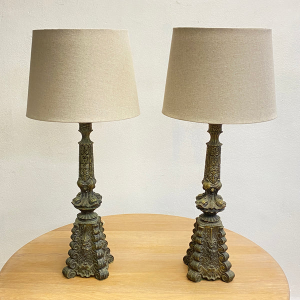 Pair Mid Century 1960's Green Ornate Dolphin Table Lamps