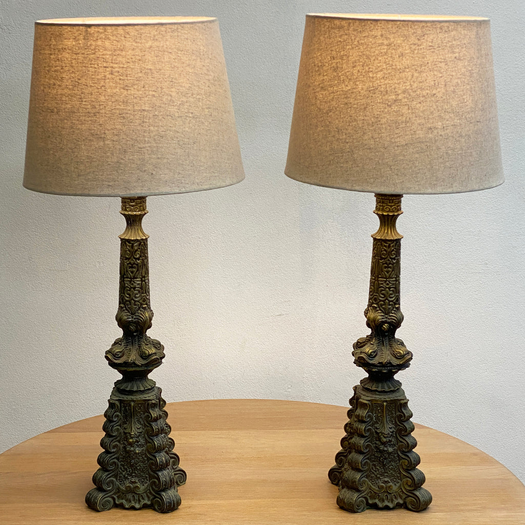 Pair Mid Century 1960's Green Ornate Dolphin Table Lamps