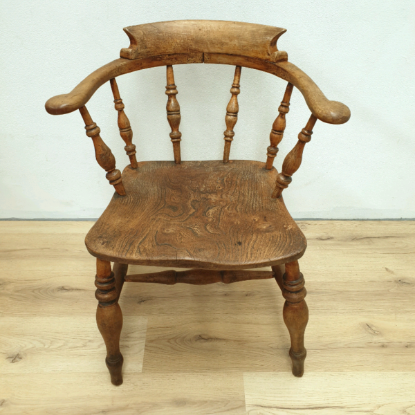 Antique Wooden Spindle Back Elm Elbow Dining Chair Seat c1880