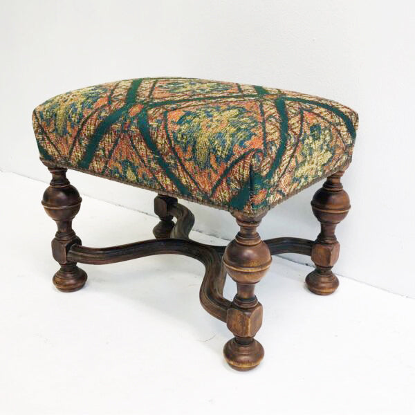 Antique Velvet Upholstered Carved Turned Leg Foot Stool