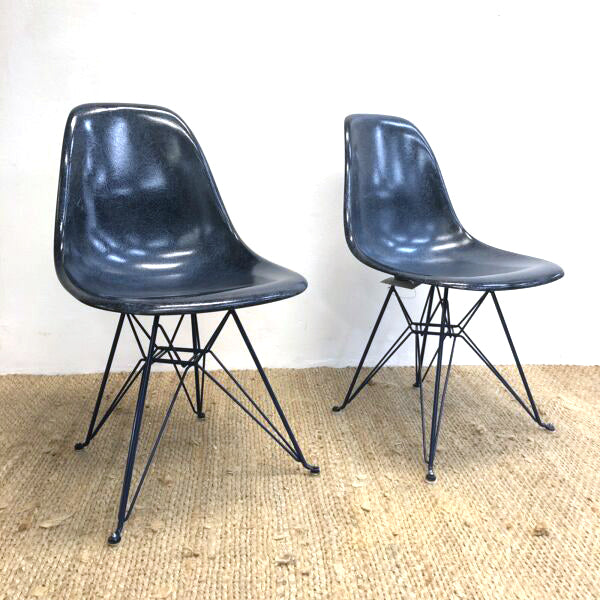 2 x Indigo Blue Fibreglass ‘Eiffel’ chairs by Modernica W/ Black Base