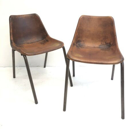 Pair Vintage Brown Leather Stackable Chairs
