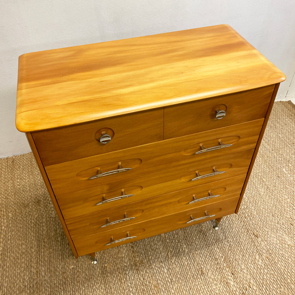 1960's Atomic Fully Restored Burgess Kauri Pine Tallboy Chest Drawers