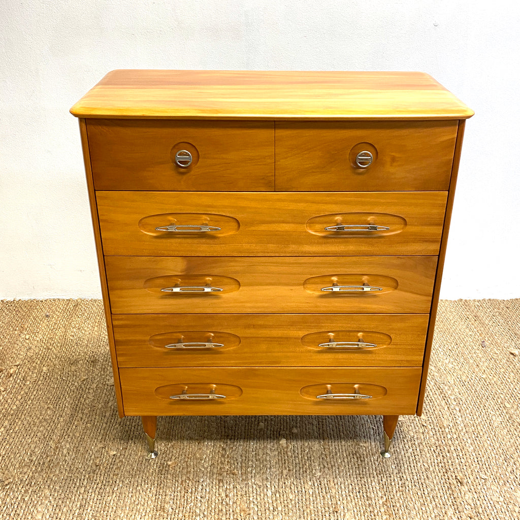 1960's Atomic Fully Restored Burgess Kauri Pine Tallboy Chest Drawers
