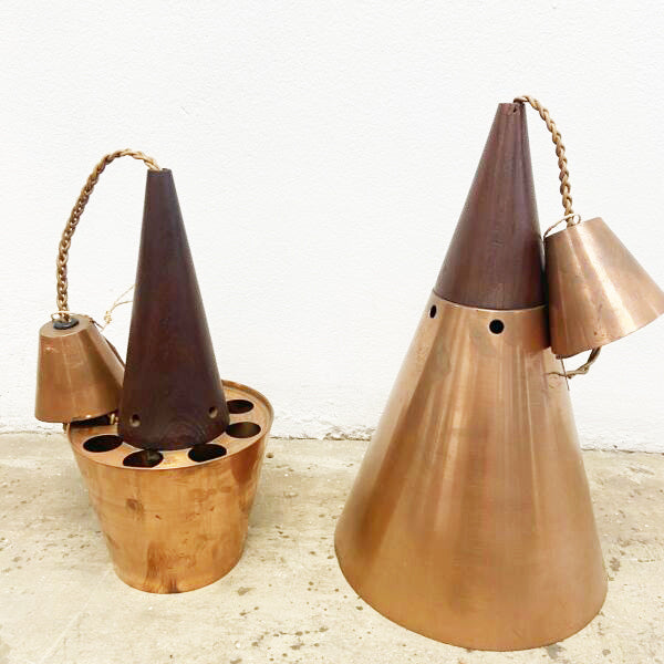 Danish copper and teak mid century pendant light fittings