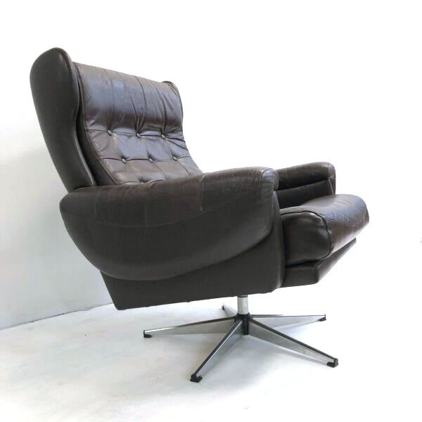 Danish Mid Century Chocolate Leather Swivel Armchair Arm Chair
