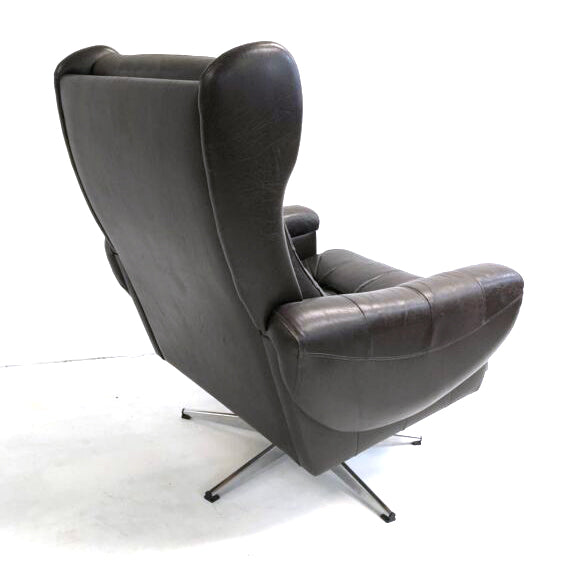 Danish Mid Century Chocolate Leather Swivel Armchair Arm Chair