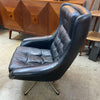 1970's Danish Retro Black Leather Swivel Lounge Armchair Chair