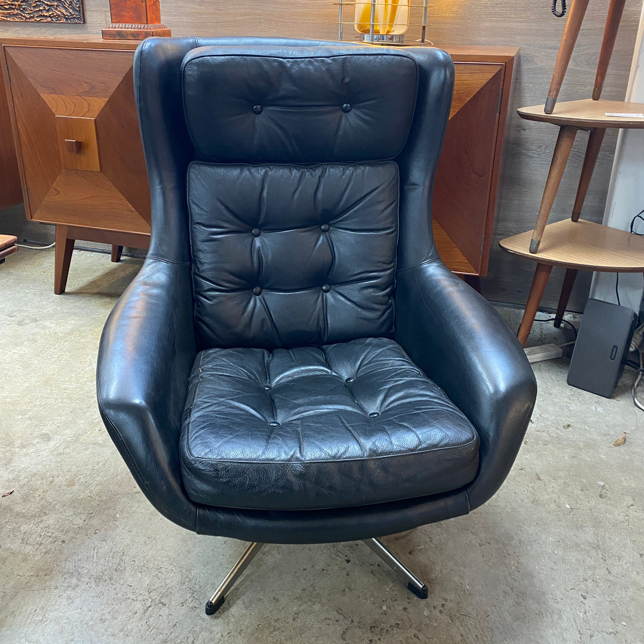 1970's Danish Retro Black Leather Swivel Lounge Armchair Chair