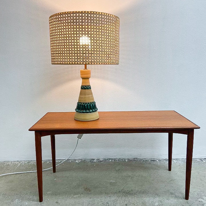 Mid Century Ceramic Base Lamp With Rattan Shade