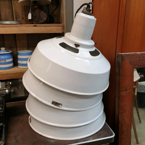 Rare Vintage hospital Industrial Enamel and Glass Pendant Lights