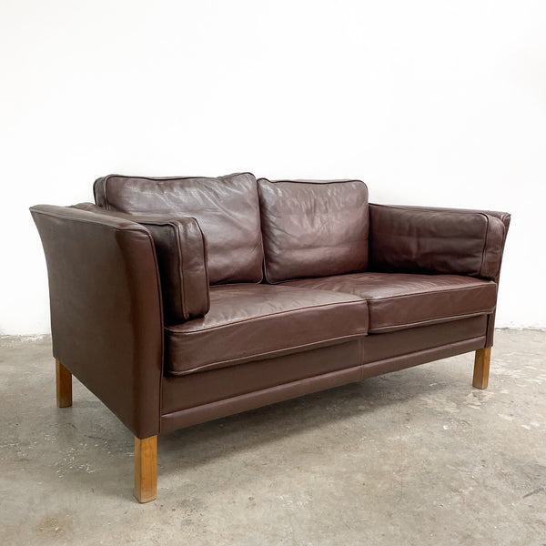 Danish Brown Leather Two Seater Lounge