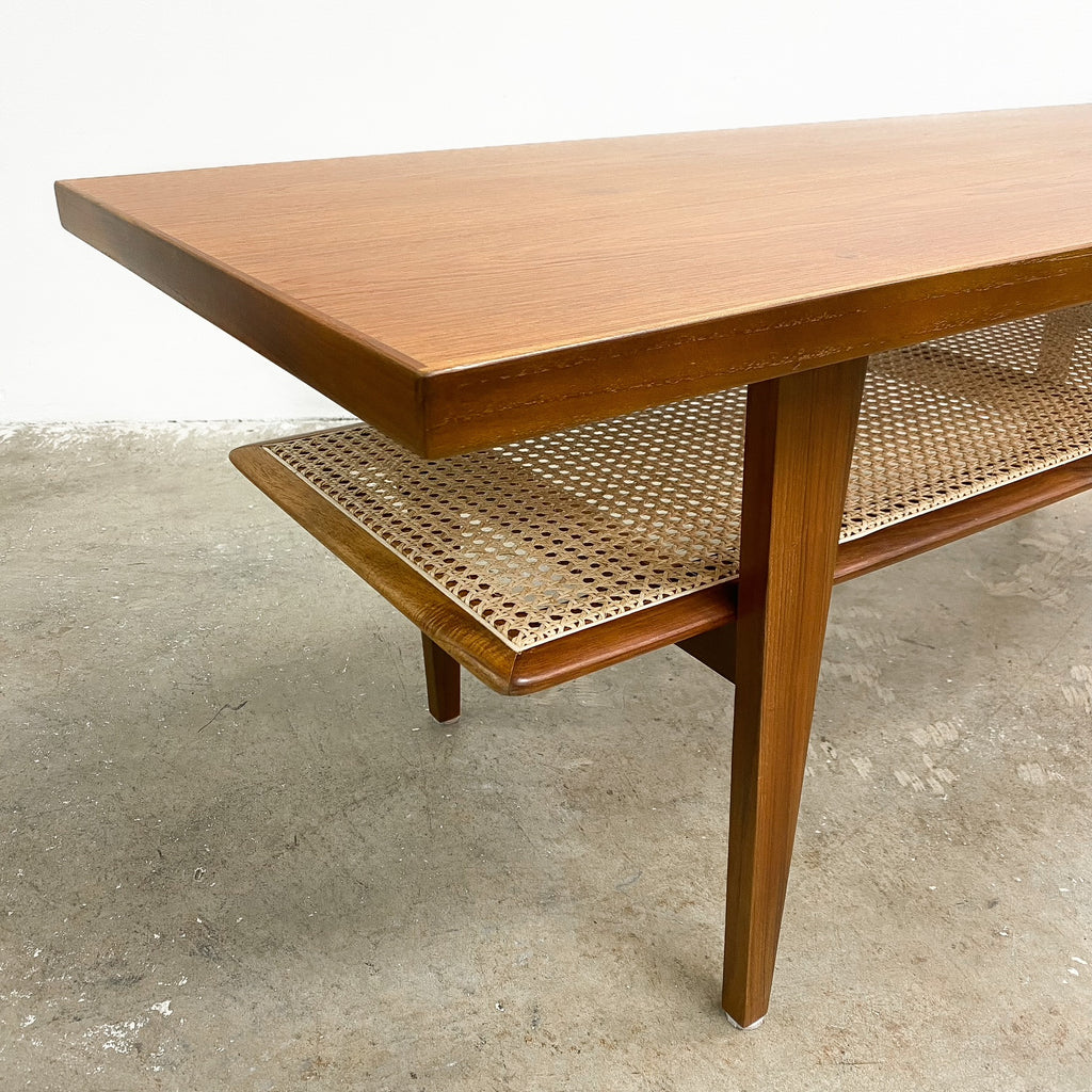 Restored Danish Mid Century Coffee Table With Rattan Shelf