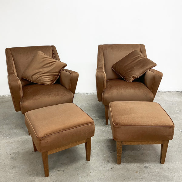 Pair Of Mid Century Velvet Armchairs With Footstools