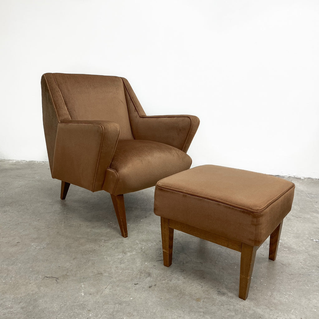 Pair Of Mid Century Velvet Armchairs With Footstools