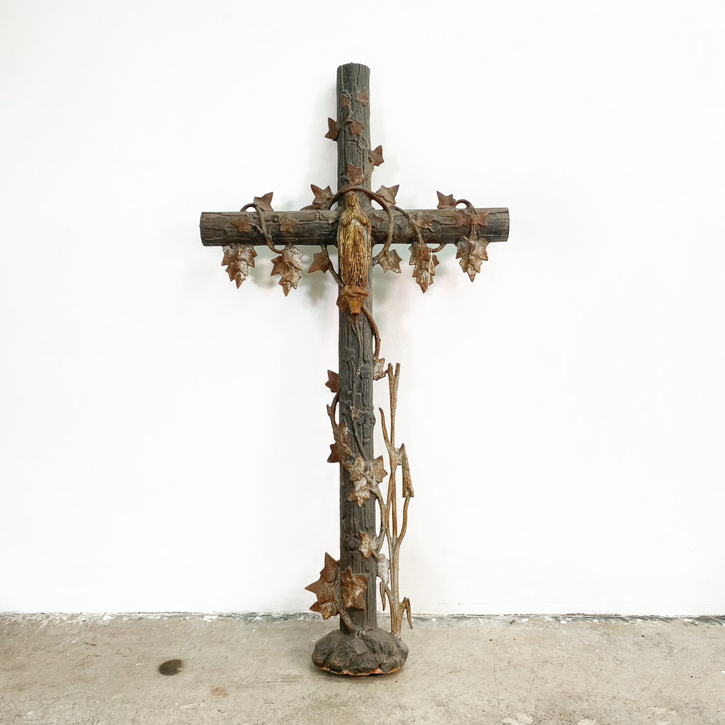 Antique French Cast Iron Cross With Mary Figure