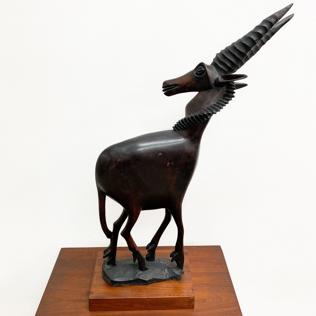 Spectacular Mid Century Springbok Carved Wooden Sculpture Figurine