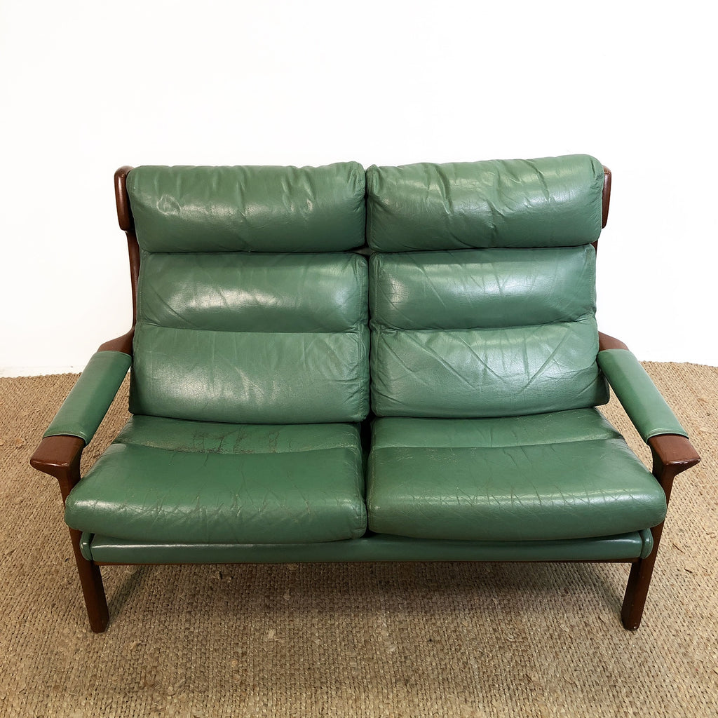 Mid Century Sage Green Leather Tessa Delmont 2 seater Lounge