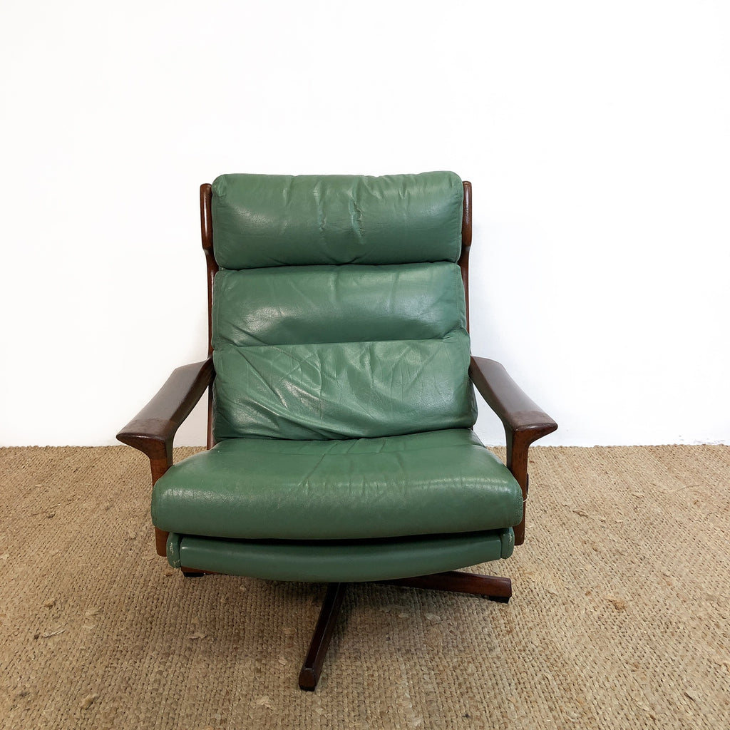 Mid Century Sage Green Leather Tessa Delmont Swivel Armchair