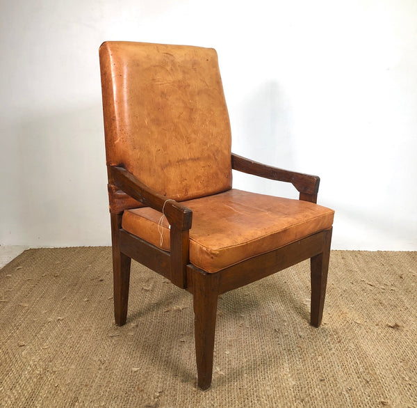 Rustic Oversize Leather and Teak Chairs