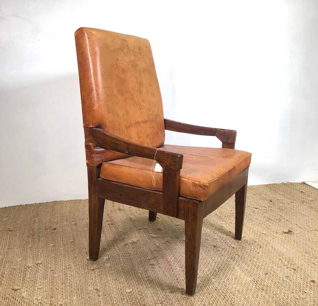 Rustic Oversize Leather and Teak Chairs