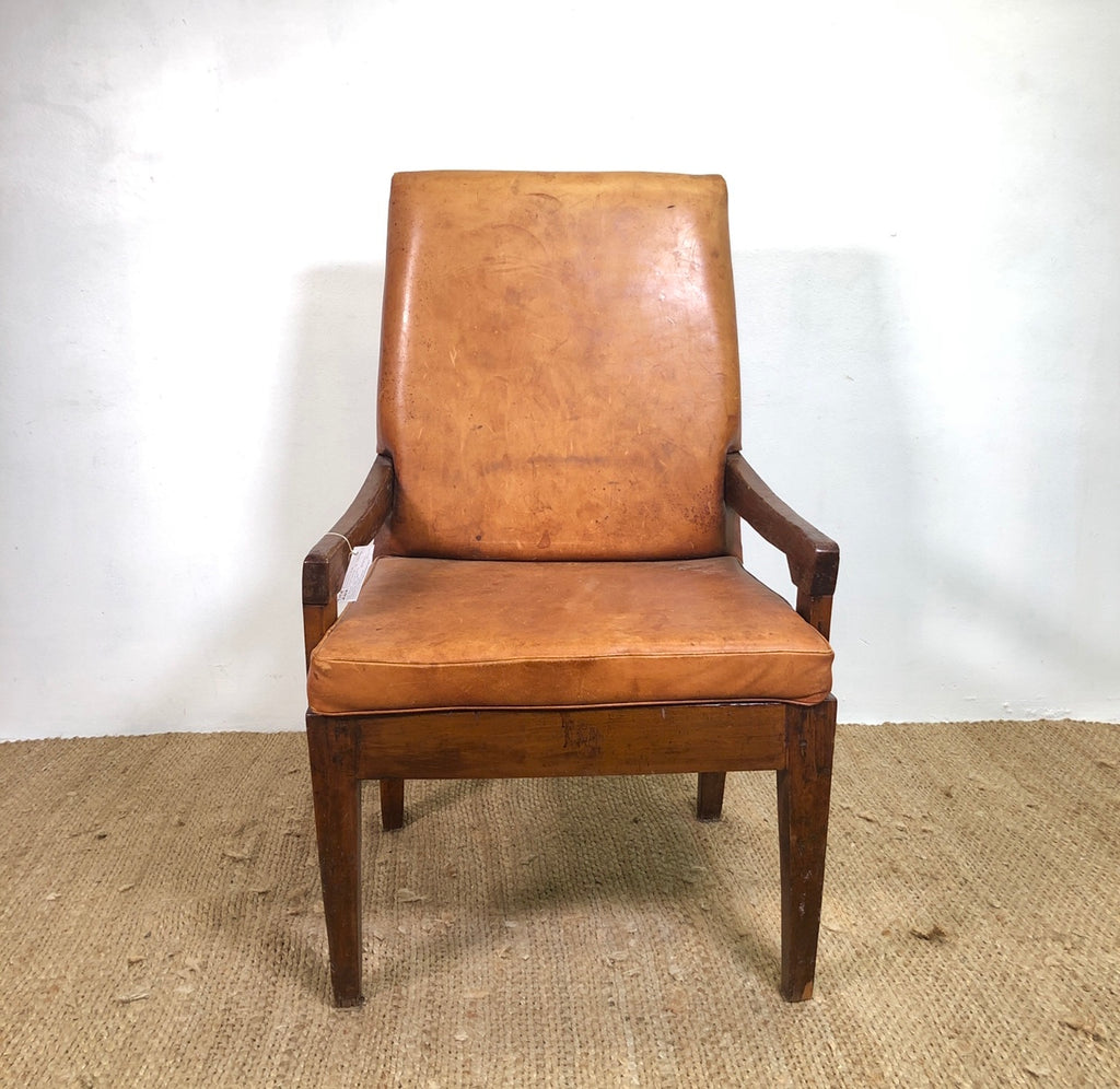 Rustic Oversize Leather and Teak Chairs