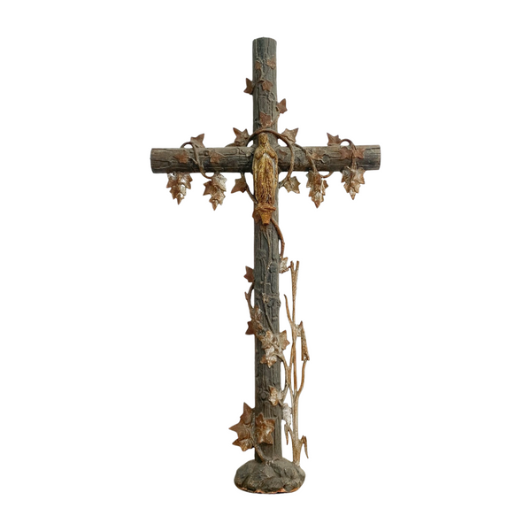 Antique French Cast Iron Cross With Mary Figure