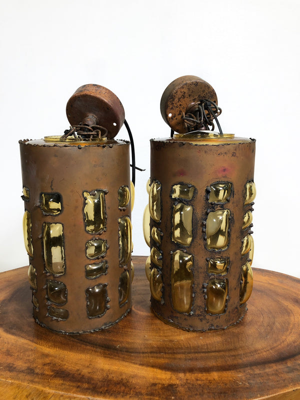 Pair of Mid Century Copper Blown Glass Ceiling Lights