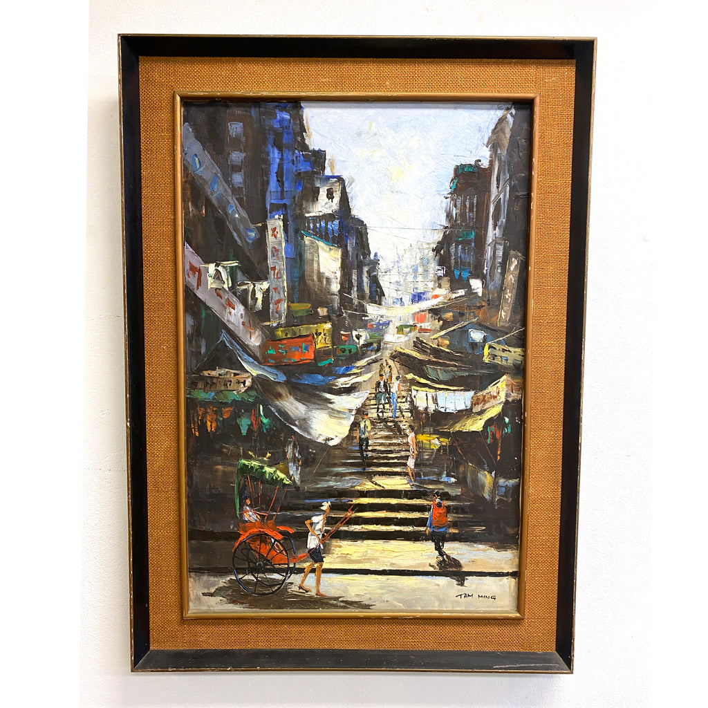 Original Tam Ming Mid Century Art Chinese Street Scene Oil Painting